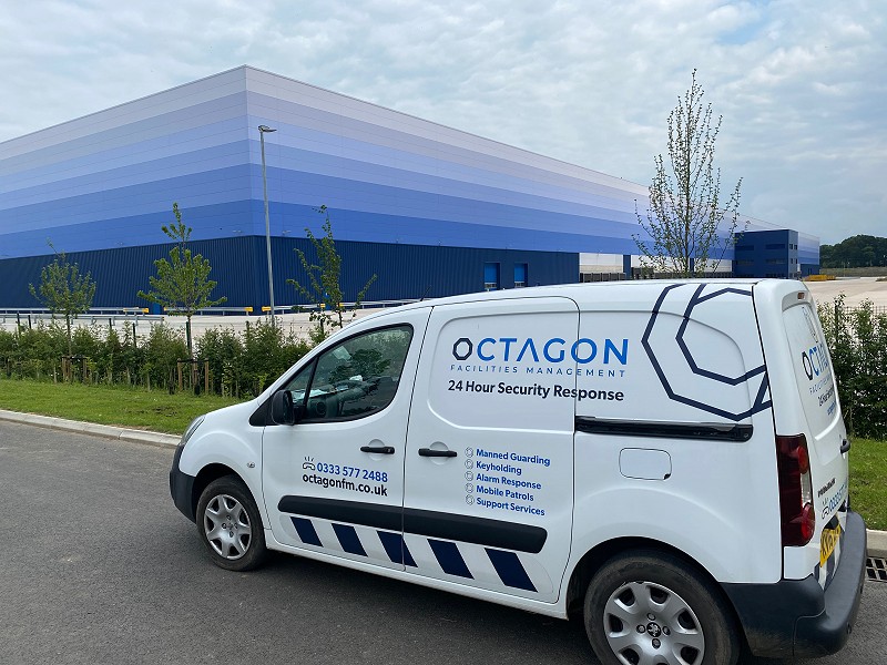 An Octagon Risk Management van outside a warehouse in Lutterworth